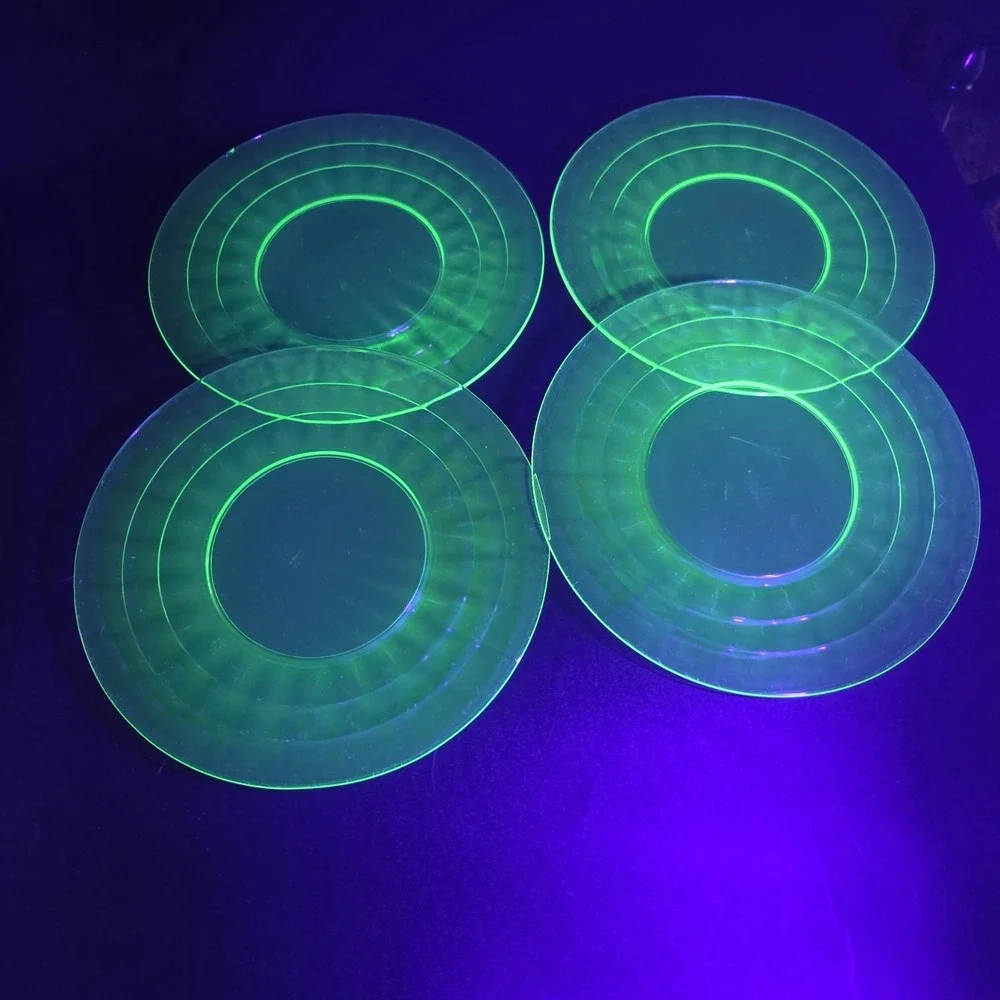 (4) Anchor Hocking Block Optic Green Uranium Depression Glass 8
